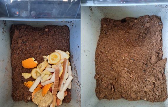 쿠쿠 음식물쓰레기 처리기 투입 전(왼쪽), 투입 후 8시간 지난 모습(오른쪽) © 뉴스1 조현기 기자