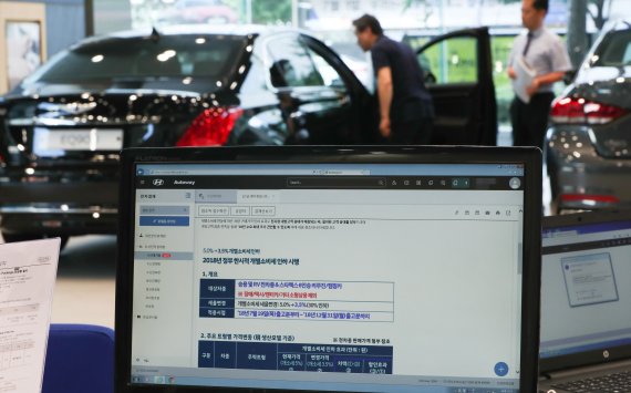 정부가 소비심리 위축에 대응하기 위해 개별소비세(개소세)를 현행 5%에서 3.5%로 1.5%포인트 인하를 결정한 가운데 서울시내의 한 자동차판매 매장 모니터에 개소세 인하 공문이 띄어져 있다. 2018.7.19/뉴스1DB