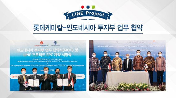롯데케미칼-인도네시아 투자부 업무협약식(왼쪽) 및 라인 프로젝트 EPC 계약식 기념 사진.(롯데케미칼 제공)© 뉴스1