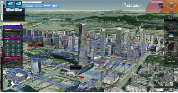 클로버스튜디오의 3D 기반의 UTM, UATM 통합관제플랫폼 ‘DROW’ 운용 화면