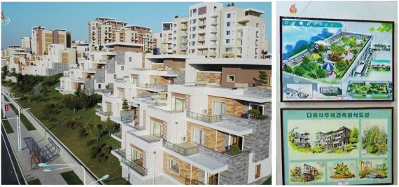 올해 4월 25일 완공된 평양 보통강변 고급 주택지구의 공용정원과 베란다에 조성된 개별 정원 사진(좌). 2021년 10월 당 창건 76년 기념 국가산업미술전시회 출품된 '다락식주택 건축장식도안'(우) (출처=조선중앙TV 화면 캡처) © 뉴스1