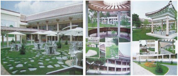 2016년 「조선건축」에 소개된 평양양로원 정원 사진. 평양양로원의 정원은 전통건축 양식의 건물들과 푸른 잔디를 배경으로 한식 정자와 원형 파고라(pergola), 백색 파라솔, 현대식 휴게 의자들이 어우러져 이색 경관을 보여준다. (출처=조선건축(2016) 제1호) © 뉴스1