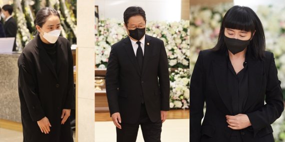 [서울=뉴시스]왼쪽부터 문근영, 황희 문체부 장관, 김혜수(사진=강수연 장례위원회 제공) 2022.05.08. photo@newsis.com