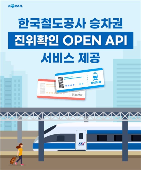행정안전부·한국철도공사(코레일)는 공공데이터포털에서 한국고속철도(KTX), 도시간특급열차(ITX)-새마을 등의 열차 승차권 진위확인 서비스를 공개 API 방식으로 제공한다. 행안부 제공
