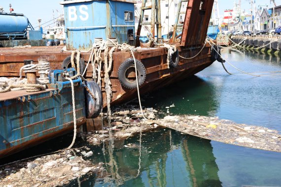 부산 영도구 봉래동 물량장에 정박된 선박들 사이로 해양쓰레기가 떠다니고 있다.2022.5.12.© 뉴스1 손연우기자