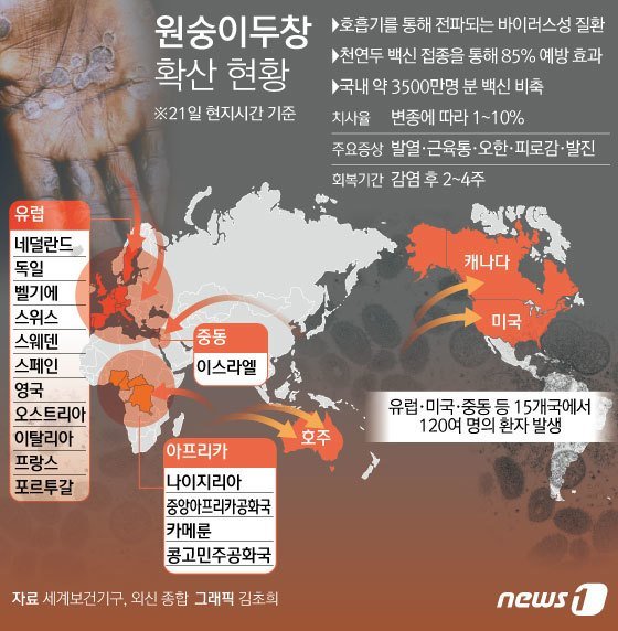 세계보건기구(WHO)는 23일 15개국에서 모두 120명의 원숭이 두창 환자가 발생했다고 밝혔다. 사진=뉴스11