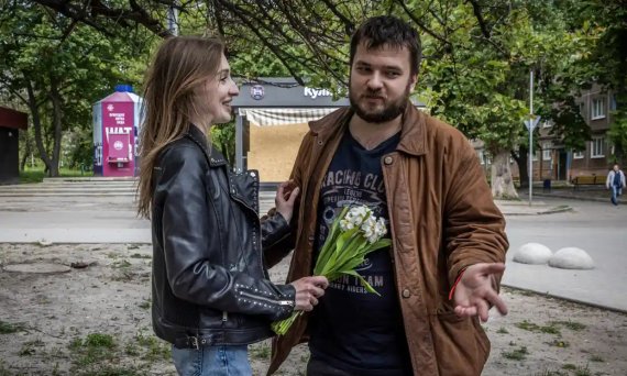 Serhi Belyaev with his fiancee, Nataliy, after his road trip to Kharkiv through five countries. Photograph: Ed Ram/The Guardian