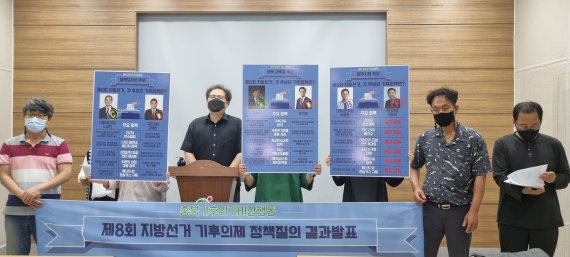 [청주=뉴시스] 안성수 기자 = 충북기후위기비상행동은 24일 충북도청 브리핑실에서 기자회견을 열고 충북도지사·충북교육감·청주시장 후보에게 질의한 기후위기 극복방안에 대한 자체 평가 결과를 발표했다. 2022.05.24. hugahn@newsis.com