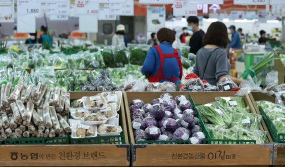 [서울=뉴시스] 이영환 기자 = 서울 서초구 농협하나로마트 양재점에서 시민들이 물품을 구매하고 있다. 2022.05.20. 20hwan@newsis.com