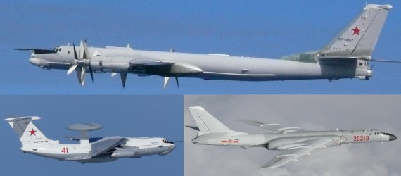 지난 2019년 7월23일 한국 영공을 침범하거나 한국방공식별구역(KADIZ)에 무단 진입한 러시아-중국 군용기들. 러시아 TU-95 폭격기(위에서부터 시계방향)와 중국 H-6 폭격기, 러시아 A-50 공중조기경보통제기. © 로이터=뉴스1 /사진=뉴스1