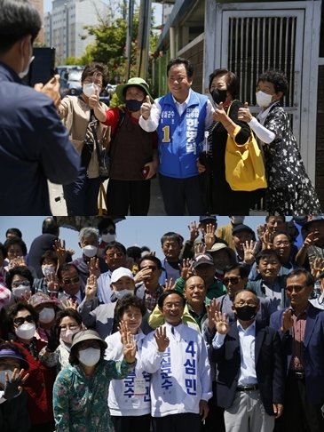 26일 전북 임실군 임실읍 임실시장 앞에서 장날을 맞아 제8회 전국동시지방선거와 관련한 후보들의 유세전이 펼쳐진 가운데 심민 무소속 후보와 한병락 더불어민주당 후보가 지지자들과 기념촬영을 하고있다.2022.5.26/© 뉴스1 이지선기자