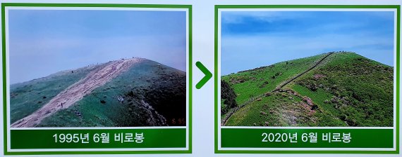 비로봉의 ‘과거와 현재’ 해설판. 마구 다녀 훼손된 길을 한 곳으로 정비하고, 나머지 땅을 본래 모습으로 복원했다. © 뉴스1