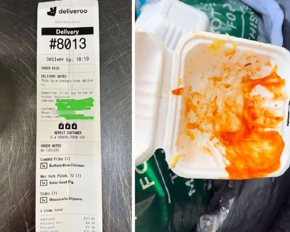 [서울=뉴시스] 지난 2월17일(현지시간) 쓰레기통을 뒤져 사과문을 받아낸 영국 잉글랜드 노스요크셔주 요크시 '에고르 치보스 피자' 가게 주인 코너 캘런드가 촬영한 주문 영수증과 쓰레기통. (사진=케네디뉴스 홈페이지 갈무리) 2022.05.27. *재판매 및 DB 금지