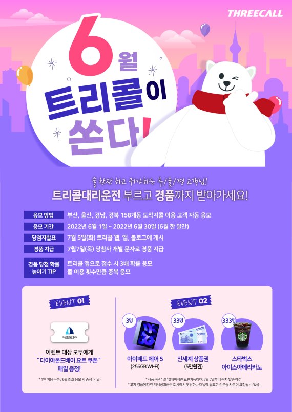 트리콜 대리운전이 부산·울산·경남·경북지역을 대상으로 경품 이벤트를 진행한다. 사진은 관련 행사 안내 포스터.(삼주 트리콜 제공)© 뉴스1
