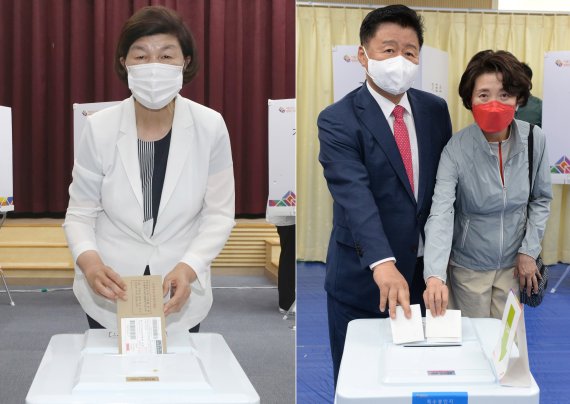 [울산=뉴시스] 배병수 기자 = 제8회 전국동시지방선거 사전투표가 치러지는 27일 노옥희(좌), 김주홍 울산시교육감 후보가 한표를 행사하고 있다. bbs@newsis.com