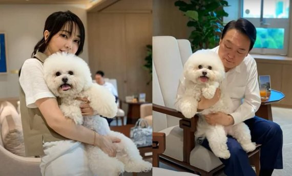 [서울=뉴시스] 윤석열 대통령 내외가 반려견과 함께 서울 용산 대통령실에서 여유를 즐기는 사진이 29일 공개됐다. (사진=페이스북 '건희사랑' 캡처). 2022.05.29. photo@newsis.com *재판매 및 DB 금지