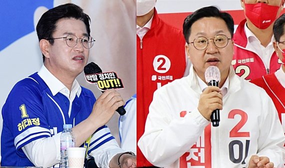 서로를 향해 공직자로서 부적격자임을 주장하는 더불어민주당 허태정(왼쪽), 국민의힘 이장우 대전시장 후보. ©News1