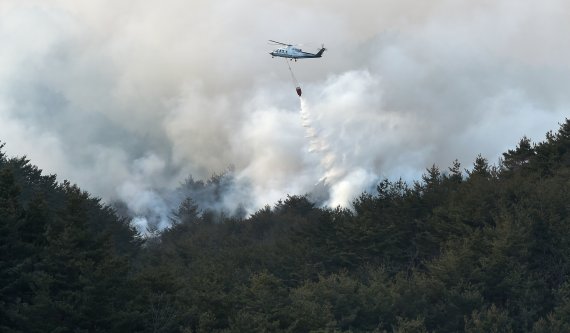 [울진=뉴시스] 지난 3월7일 경북 울진군 울진읍 대흥리 일대에서 헬기가 산불진화 작업을 하고 있다. 2022.03.07. lmy@newsis.com