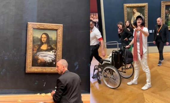 휠체어를 탄 노파로 분장한 남성이 프랑스 파리 루브르 박물관에 전시된 레오나르도 다 빈치의 대표작 '모나리자'에 케이크를 투척했다. (트위터 갈무리) © 뉴스1 /사진=뉴스1