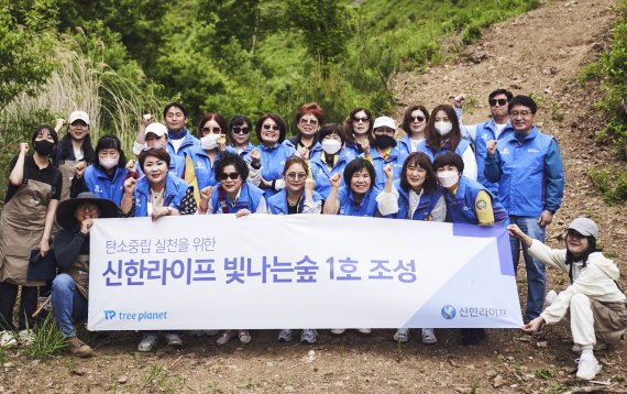 신한라이프 임직원들이 강원도 홍천군 방내리 일대에 '빛나는숲 1호'를 조성한 후 기념촬영을 하고 있다. 신한라이프 제공