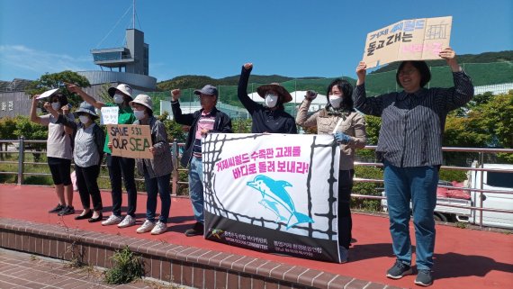 국내 수족관 돌고래 22마리 방류 촉구, '바다의 날' 해상 시위