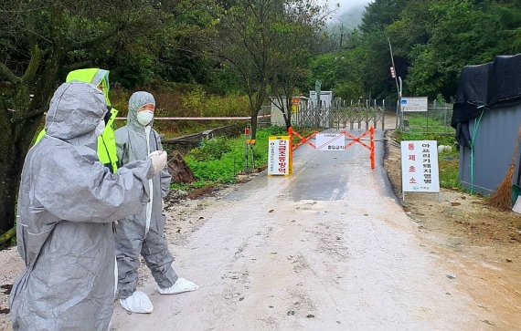 6일 강원 인제군 남면의 한 양돈농장에서 아프리카돼지열병이 발생해 방역요원들이 농장 출입을 통제하고 있다.(인제군 제공) 2021.10.6/뉴스1