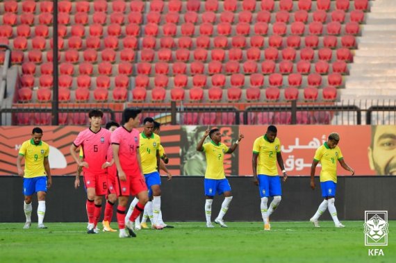 14일(현지시간) 이집트 카이로 알살람 스타디움에서 열린 한국과 브라질의 U-23 친선대회에서 브라질 호드리구가 골 성공 시킨후 기뻐 하고 있다. (대한축구협회 제공) 2020.11.15/뉴스1 © News1