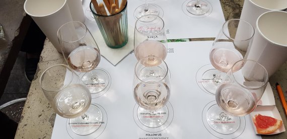 6종의 와인이 잔에 서빙돼 있는 모습.