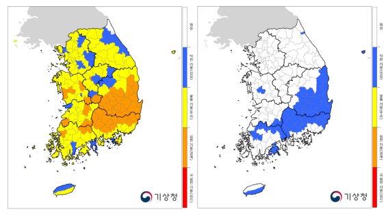 5월 말까지 최근 6개월 기상가뭄 현황(왼쪽) 및 7월 초중순까지 기상가뭄 전망 © 뉴스1 황덕현 기자