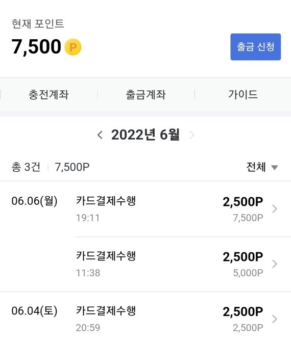 이틀 간 체험한 카카오T 도보배송. 3건을 수행하고 7500포인트를 얻었다.(카카오T 픽커 애플리케이션 화면 갈무리)© 뉴스1