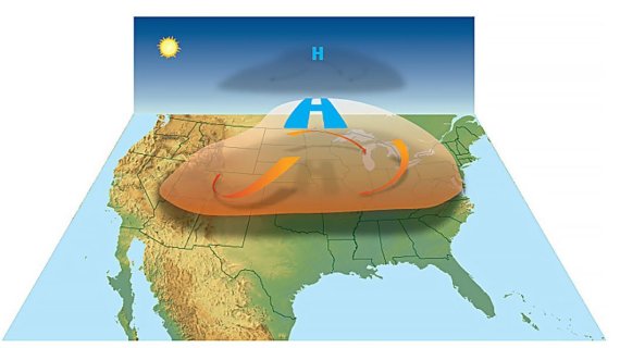 전문가들은 폭염의 주범으로 열돔(Heat Dome) 현상과 20년에 걸친 대가뭄을 꼽았다. 열돔 현상은 대기권 중상층에 발달한 고기압이 정체하면서 반구형(돔) 형태로 뜨거운 공기를 지면에 가두는 것을 일컫는다.(미국 해양대기청 캡처). © 뉴스1