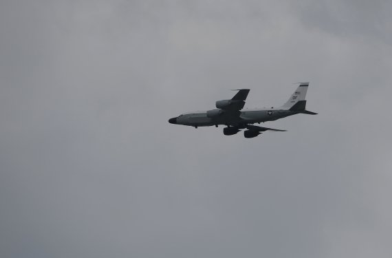 A U.S. Air Force RC-135S Cobra Ball returns to Kadena Air Base in Okinawa, southwestern Japan, Thursday, Jan. 7, 2016. North Korea said Wednesday it had conducted a hydrogen bomb test, a defiant and surprising move that, if confirmed, would put Pyongyang a big step closer toward improving its still-