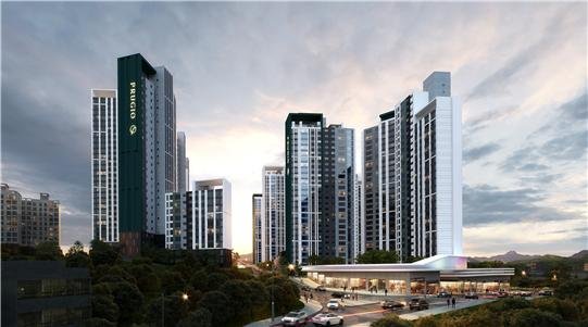 [서울=뉴시스] 대우건설컨소시엄이 원동 다박골 재개발사업에 제안한 '원주 푸르지오 엘센트로' 투시도.