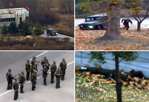 【서울=뉴시스】유엔군 사령부는 22일 오전 서울 용산구 국방부 브리핑룸에서 최근 판문점 공동경비구역(JSA)을 통해 귀순한 북한 병사의 당시 총격 상황을 담은 CCTV를 공개했다. 사진(위에서 시계방향으로) 지난 13일 귀순하는 북한 병사가 차량으로 72시간 다리로 전조등을 켜고 달리고 있다.판문점 공동경비구역(JSA)에서 차량 바퀴가 배수로 턱에 걸려 움직이지 못하자 짚차에서 내려 남쪽으로 뛰어오고 있다.북한군의 무차별 총격에 총상을 입고 쓰러져 있다. 총을 든 북한군이 집결해 이야기하고 있다. 2017.11.25. (사진=유엔군