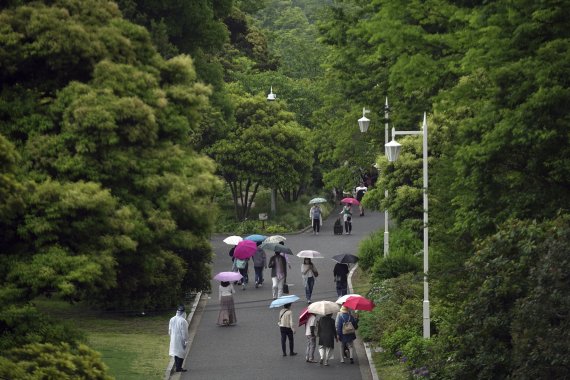 [요코하마=AP/뉴시스] 일본 도쿄 부근 요코하마에 있는 공원을 12일 찾은 시민들이 비가 내리는 속에서 산책을 즐기고 있다. 2022.05.24