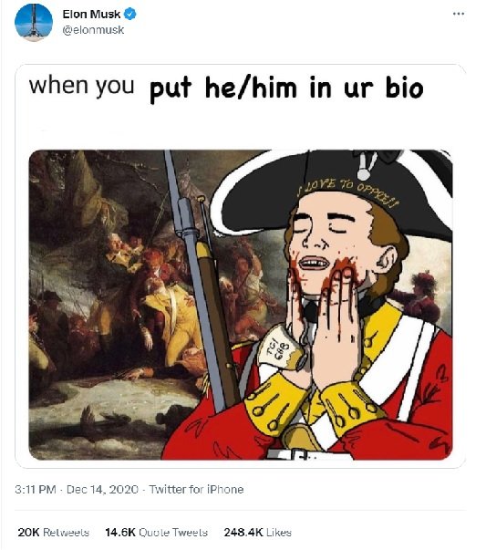 [서울=뉴시스] 2020년 12월14일(현지시간) 일론 머스크는 자신의 트위터에 트랜스젠더 문제에 대한 자신의 의견을 냈고 호모포비아라는 비판을 받았다. (사진=일론 머스크 트위터 캡처) 2022.06.22. *재판매 및 DB 금지