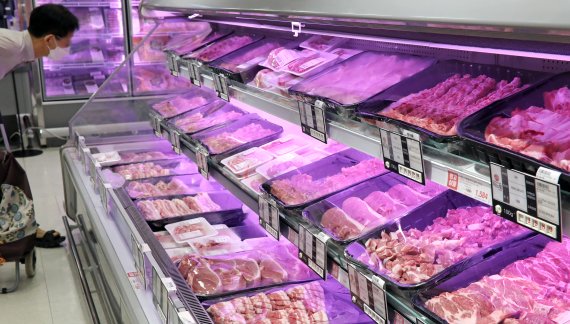[서울=뉴시스] 김금보 기자 = 지난 23일 서울시내 한 대형마트에서 고객이 돼지고기를 살펴보고 있다. 돼지고기가 21.8%, 달걀이 4.8% 오르는 등 지난달 생산자물가가 5개월 연속 상승 흐름을 보였다. 한국은행이 이날 발표한 올해 5월 생산자물가지수는 119.24(2015년 100기준)로 전월대비 0.5% 올라 5개월 연속 상승, 역대 최고치를 기록했다. (사진은 기사 내용과 관련 없음) 2022.06.23. kgb@newsis.com