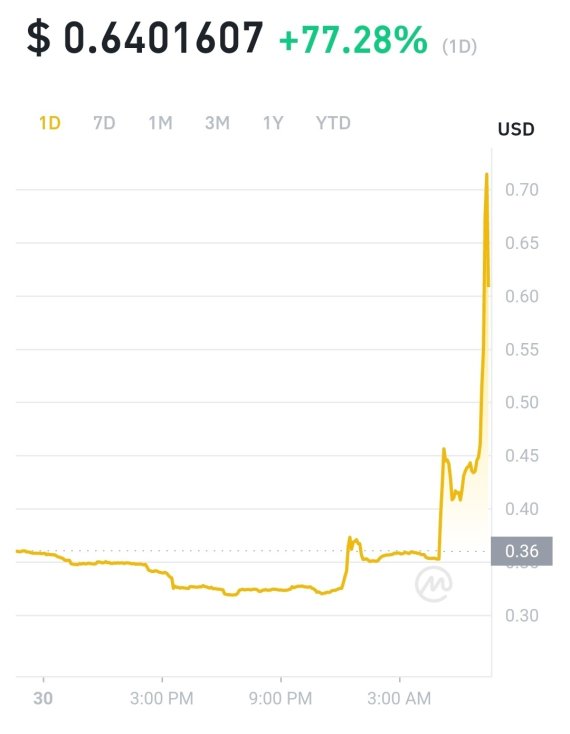 1일 오전 7시 30분 경 바이낸스에서도 플레이댑 가격이 크게 오르기 시작, 전날 같은 시간보다 77% 가량 올랐다. 바이낸스 모바일 화면 © 뉴스1