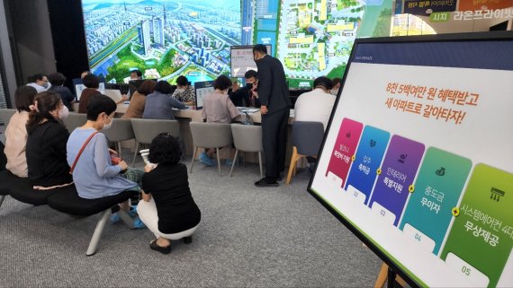 분양 아파트를 최대 8500만원 할인 판매하는 '대구 시지라온프라이빗' 견본주택을 찾은 방문객들이 상담을 하고 있다.(분양대행사 제공)© 뉴스1