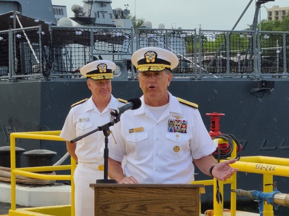 마이클 보일 미 해군 제3함대사령관이 8일(현지시간) 미 하와이 진주만에서 열린 림팩 미디어데이 행사에서 발언하고 있다.© 뉴스1