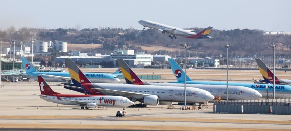 인천국제공항 계류장에 있는 대한항공·아시아나항공 여객기. /뉴스1