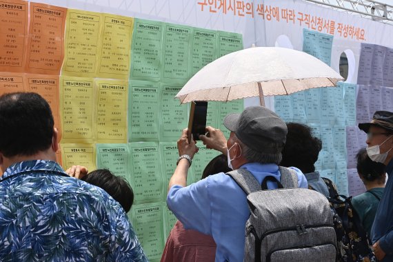 [수원=뉴시스] 김종택기자 = 경기도 수원시 팔달구 화성행궁광장에서 열린 '노인일자리 채용한마당'을 찾은 어르신들이 취업정보 게시판을 살펴보고 있다. 2022.06.21. jtk@newsis.com