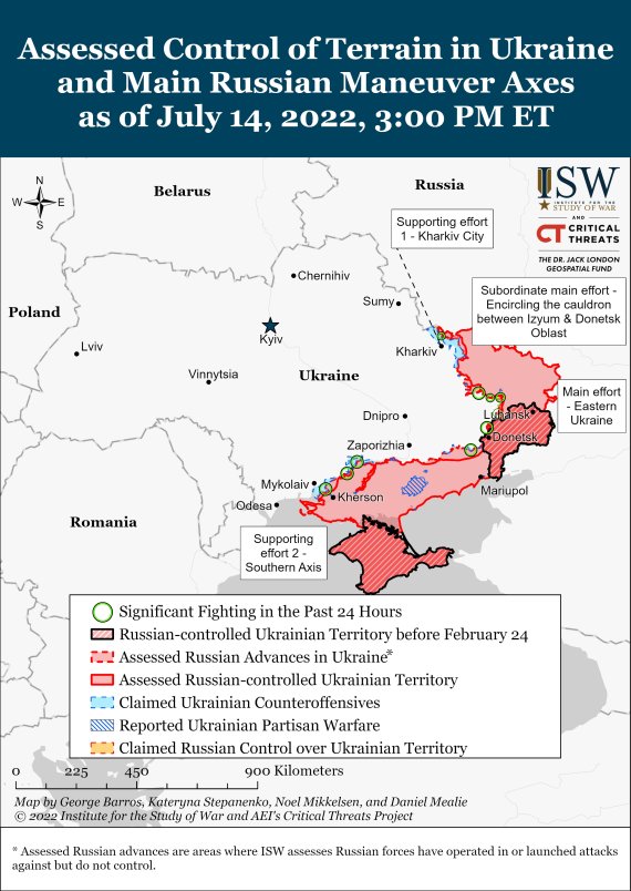 2022년 7월 14일(현지시간) 기준 우크라이나 전황. 미 전쟁연구소(ISW).