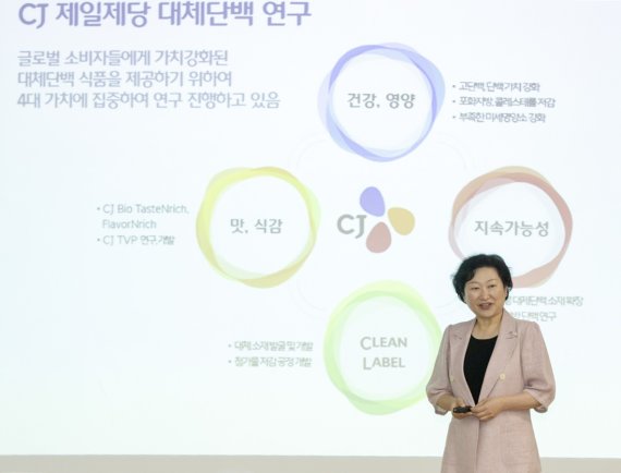 CJ제일제당 식품연구소 윤효정 상무가 18일 서울 중구 CJ인재원에서 열린 기자간담회에서 미래 식량자원 연구 관련 내용을 발표하고 있다.