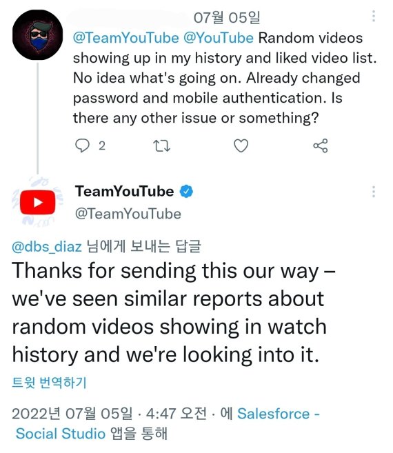 지난 5일 같은 증상을 호소하는 이용자 문의에 "무작위의 영상이 시청 기록에 남는다는 보고를 받고 조사 중"이라고 답변한 유튜브 크리에이터 지원팀 '팀유튜브'(트위터 갈무리)© 뉴스1