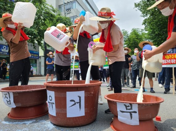 ㈔한국낙농육우협회 충북지회가 7월 19일 충북도청 정문 앞에서 원유 용도별 차등 가격제 폐지를 요구하는 집회를 한 뒤 집유 거부 퍼포먼스를 하고 있다. /사진=뉴스1