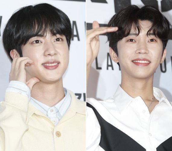방탄소년단 진과 가수 임영웅(오른쪽)이 25일 오후 서울 코엑스 메가박스에서 열린 영화 ‘비상선언’(감독 한재림) VIP 시사회에서 포즈를 취하고 있다. © News1 권현진 기자