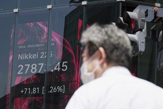 [도쿄=AP/뉴시스]1일 도쿄의 한 증권사에서 일본 닛케이 225 지수를 표시한 전광판 앞에 마스크를 쓴 사람이 서 있다.2022.08.01.