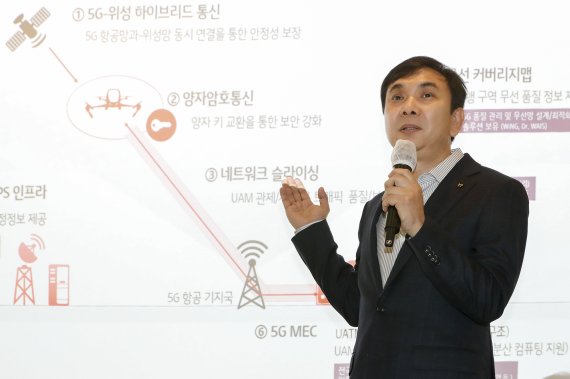 김봉기 KT 융합기술원 컨버전스연구소장(상무)는 UAM 사업을 위한 양자암호통신, 5G-위성 하이브리드 서비스 등 통신 기술 경쟁력을 강조했다. (KT 제공)