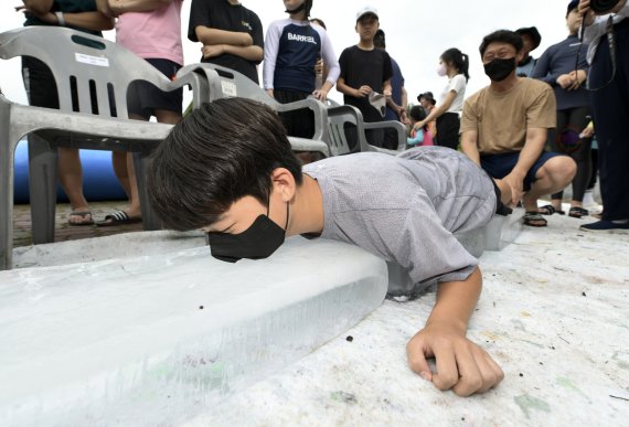 전북 장수군 번암면 물빛공원에서 열린 제6회 번암 물빛축제를 찾은 어린이들이 얼음 오래참기를 하며 더위를 식히고 있다. (장수군 제공) /뉴스1 ⓒ News1 신웅수 기자